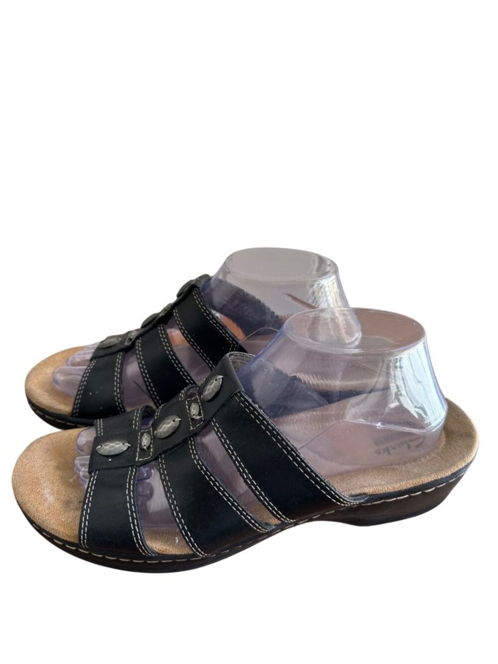 Women's Clarks  Size 10 Collection Textured Leather Slip On Sandals Black